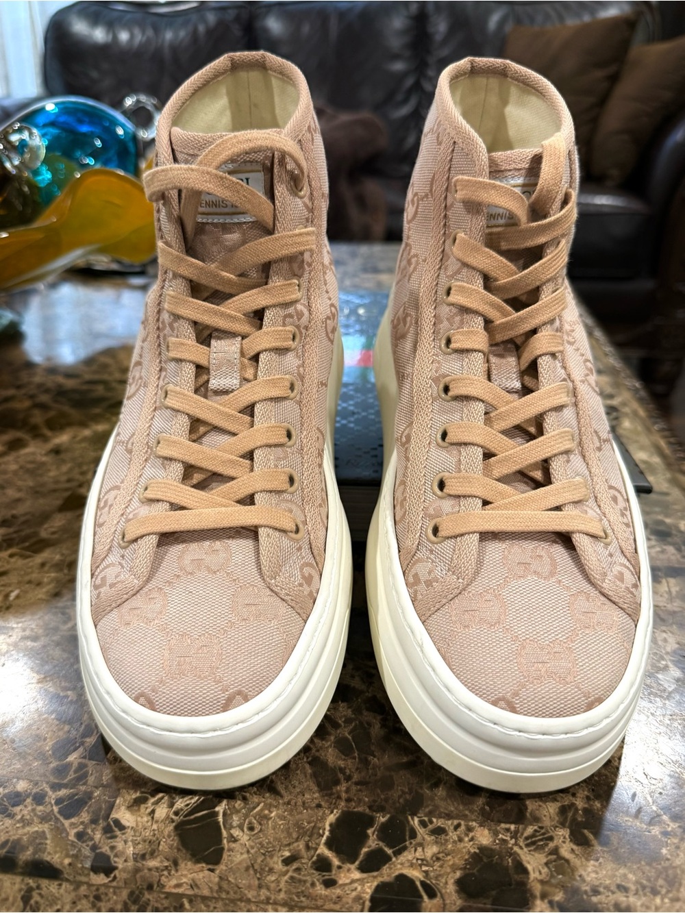 Gucci Tennis 1977 High Top GG Canvas Sneakers Pink Blush Monogram EU 38